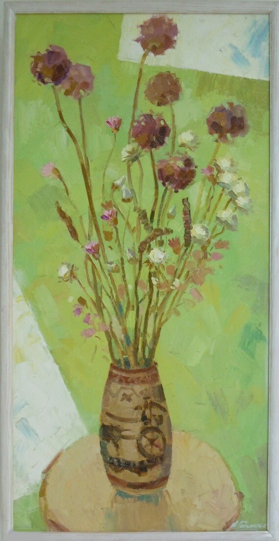 Original oil painting Dried flowers modern green by AnnGapGallery