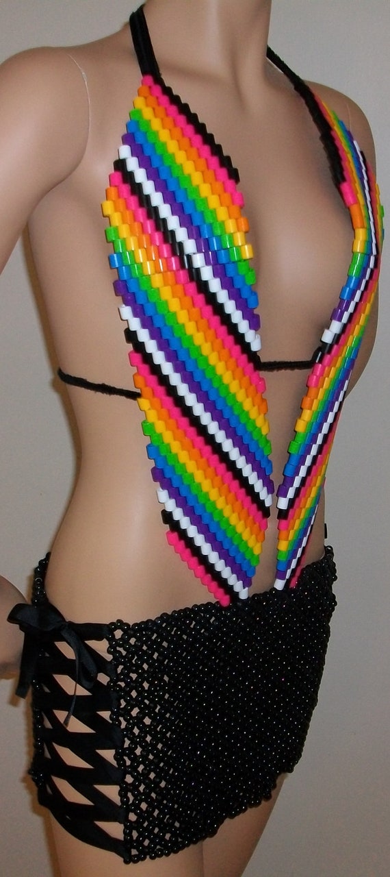 Kandi Sexy beaded rainbow one piece rave club outfit