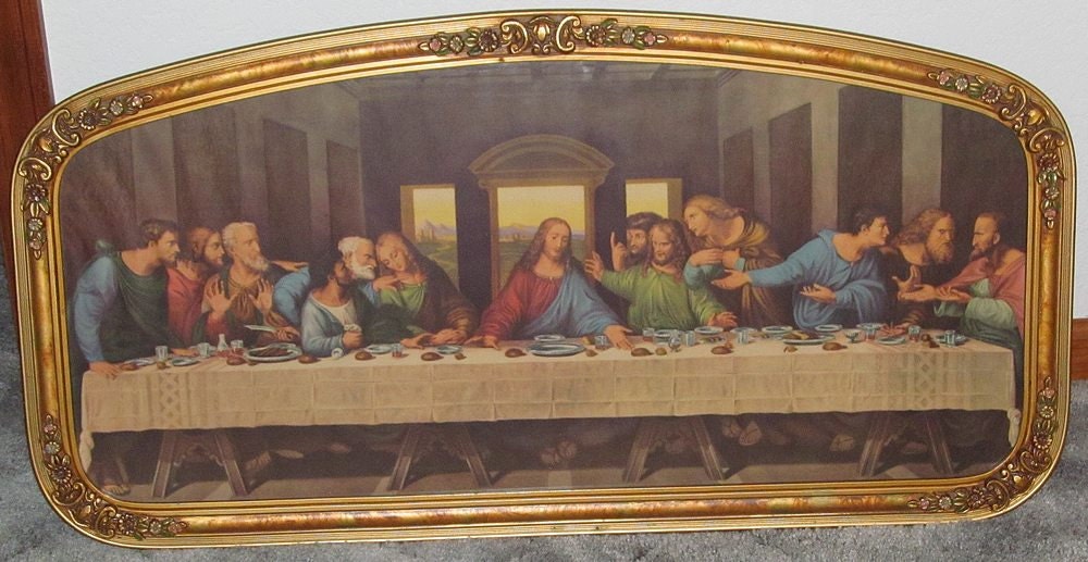 Antique Jesus Last Supper Gilt Hand Painted Wood Framed