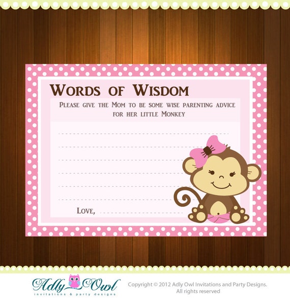 Girl Monkeys Word of Wisdom Baby Shower Advice Card Printable