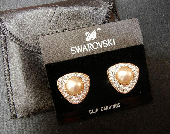 Vintage SWAROVSKI Signed SAL Pearl Crystal Clip on Earrings