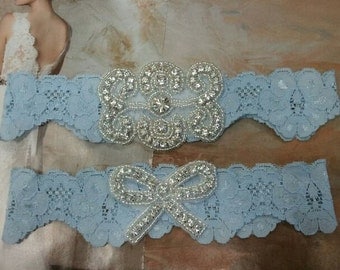 Bridal Garter, Wedding Garter and Toss Garter - Something Blue Garter Set with Crystal Rhinestone - Style G240