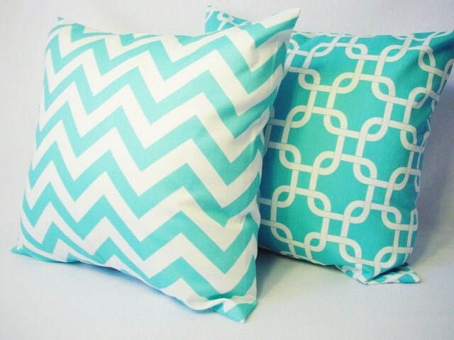 2 Coordinating Decorative Throw Pillow Covers in Teal Blue and