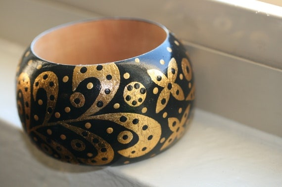 Handpainted Wooden Bangle in a Bold Black and Gold Color Combination