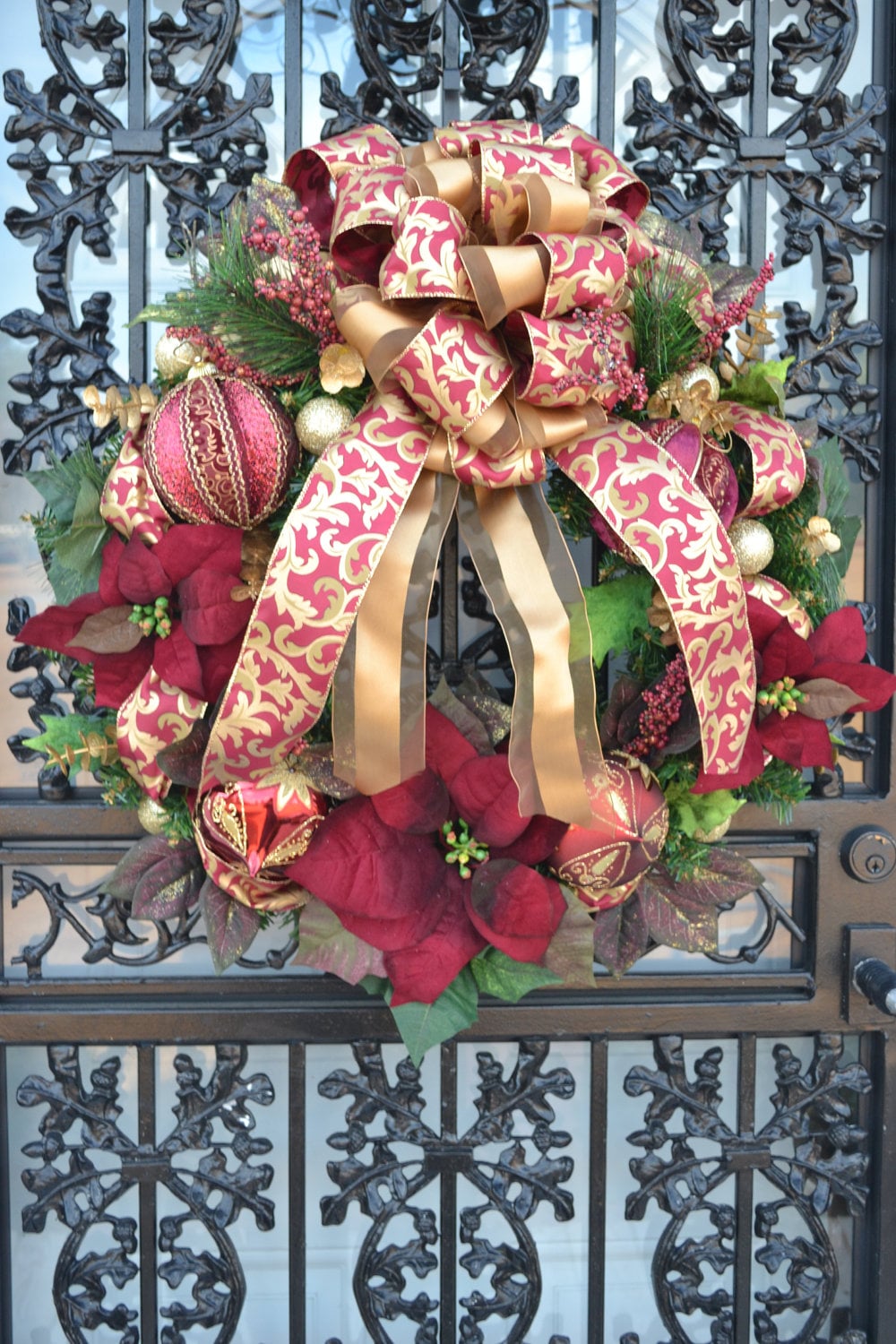 Christmas Wreath, Holiday Wreath,Victorian Decor Wreath, Designer Wreath, Holiday Decor, Rich Burgundy Poinsettias