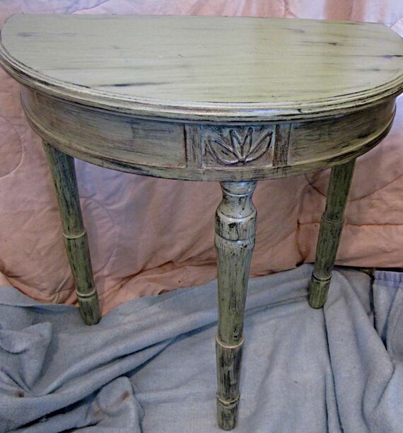 Half round hall table stressed antique green. by Collectorholics
