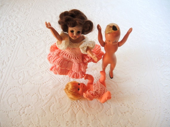 Vintage Doll Lot with Pink Crochet Clothes Dolls Upcycle Steampunk Supply Creepy Dolls