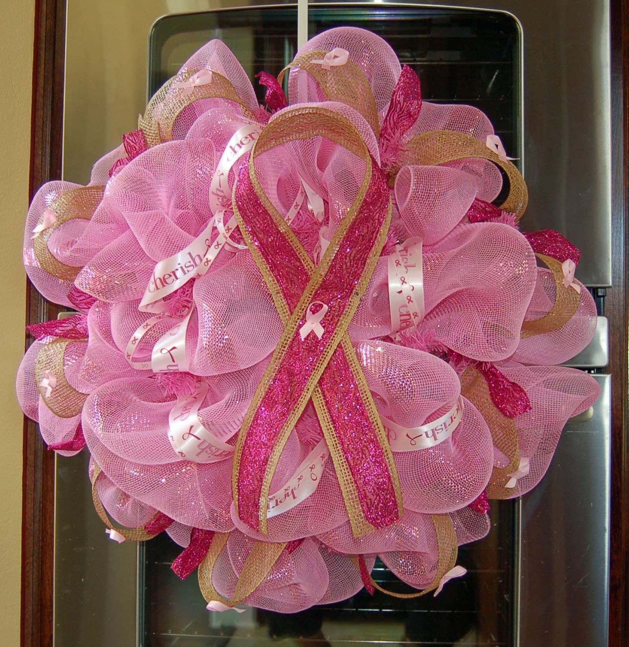 Pink Ribbon Breast Cancer Awareness Mesh Wreath