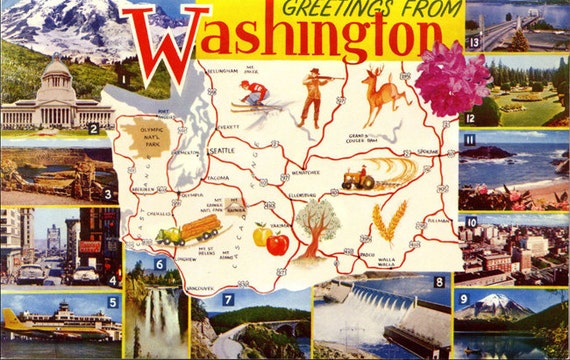 Washington State Map Vintage Chrome Greetings by PostcardBoutique