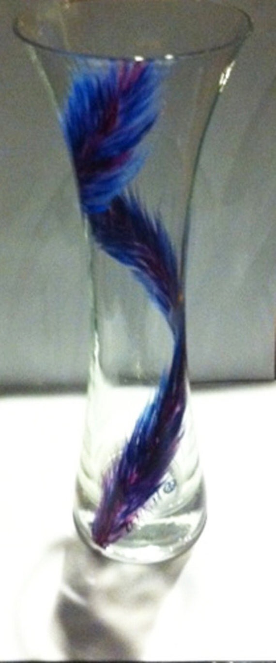 Items similar to Long vase with a feather painted on it (Sold) on Etsy