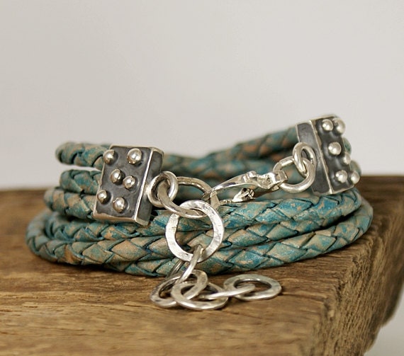 Natural leather Sterling Silver Bracelet with Chains Womens