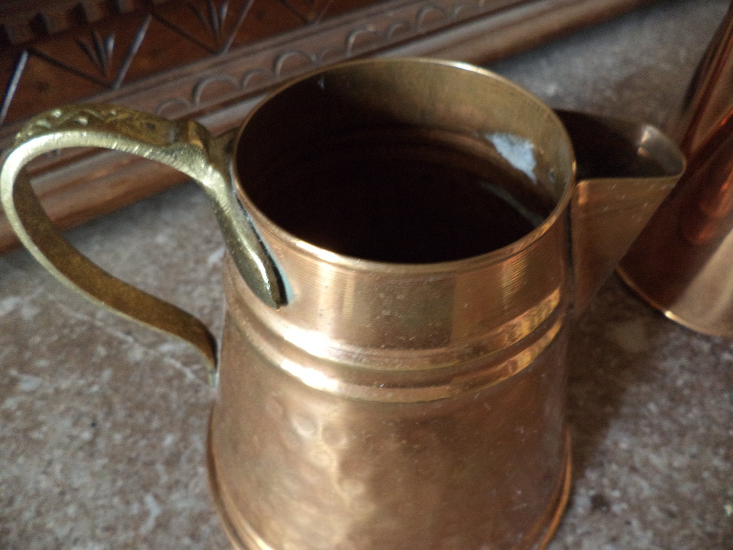 Vintage Copper & Brass Handle Pitcher With Hammered Body by Jilzs