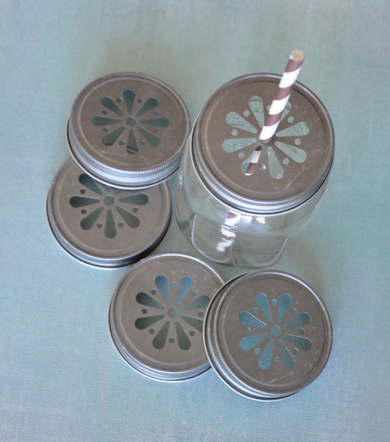 6 Mason Jar Lids Daisy Cut Mason Lids Daisy Stamped by supplyandco