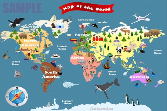Personalized Laminated World Map For Kids Let's