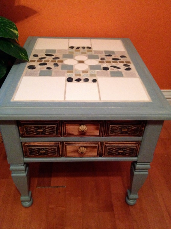 Items similar to Blue Mosaic End Table, refurbished on Etsy