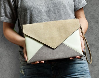Clutch bag envelope beige gray ivory vegan leather bag faux leather suede purse handbag strap pocket zipped wedding bridesmaid evening gift
