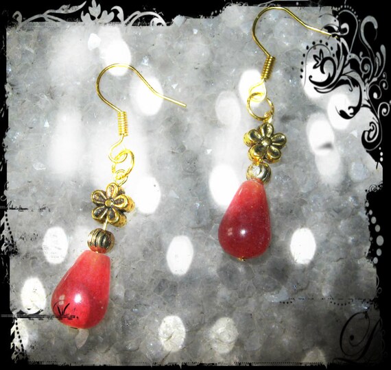 Handmade Gold Hook Earrings with Cherry Quartz Drops by IreneDesign2011