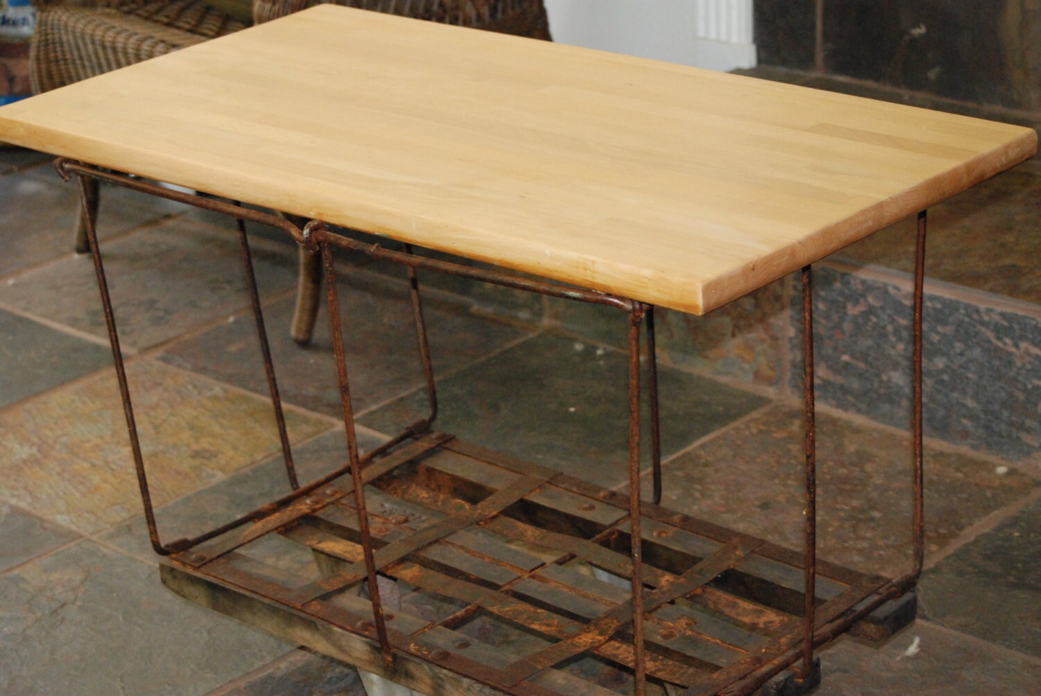 Upcycled Rolling Table from Laundry Cart with Butcher