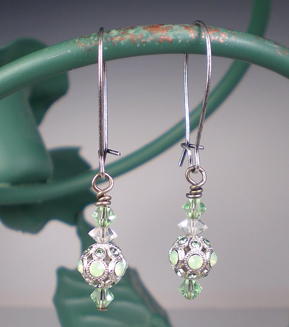 Items Similar To Sale Rhinestone Earrings Chrysolite Opal And Erenite Drop Earrings Filigree Pale 2148