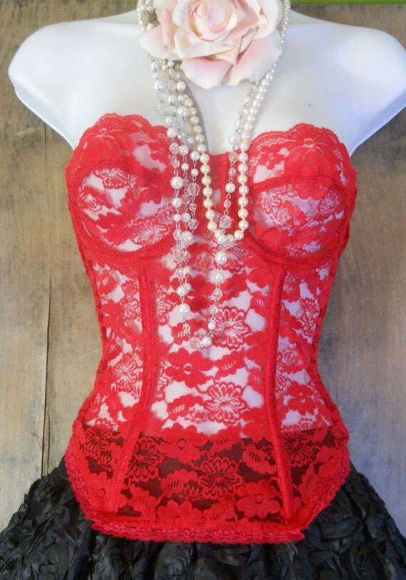 Red vintage bustier lace corset boned sheer 34B from