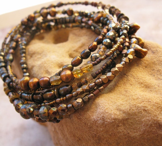 Convertible Small Bead Wrap Bracelet Necklace Warm Copper and