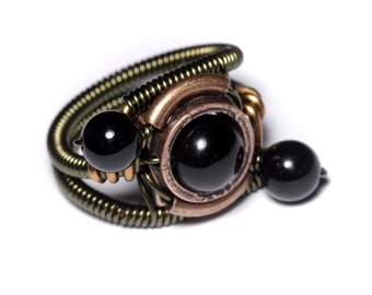 Onyx ring, Steampunk Jewelry - Ring - Black Onyx - ORBIT (Custom size available - see description)