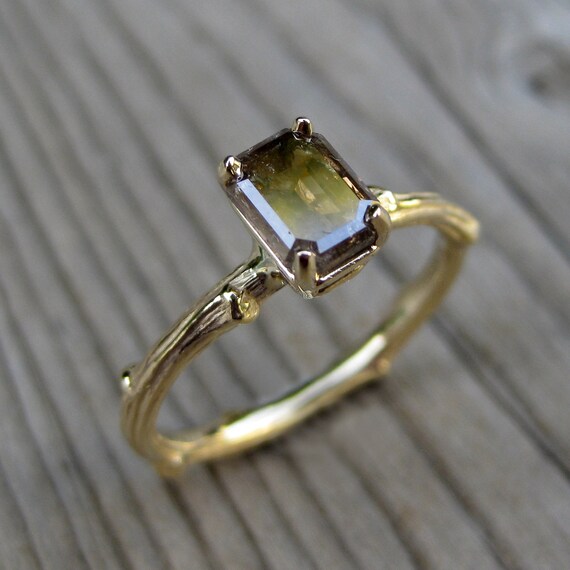 Chocolate Diamond Emerald Shape Twig Ring in Yellow Gold
