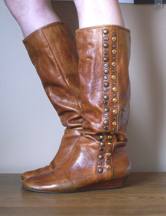 Earthy Brown Leather Studded Tall Slouch Boots 9.5 10