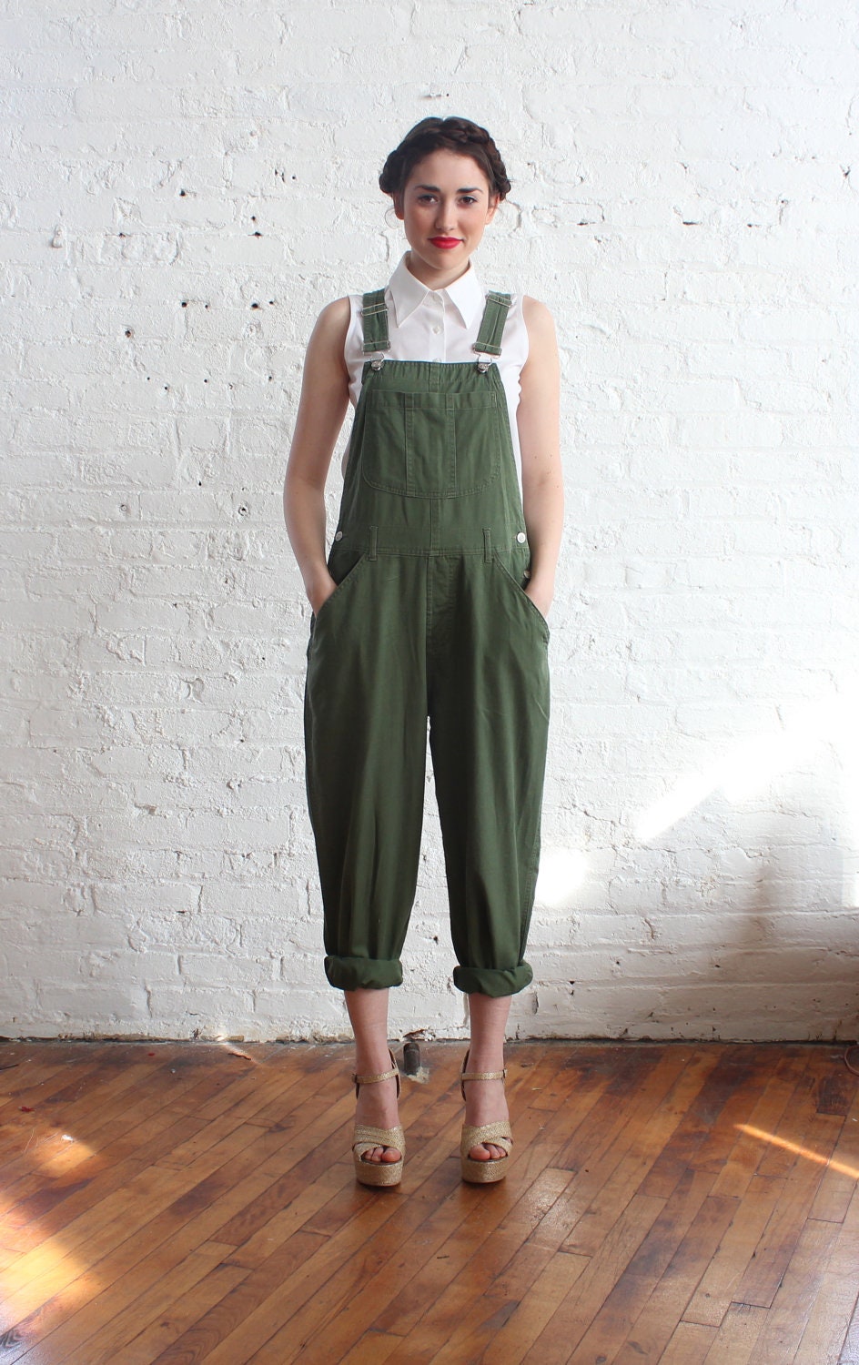 80s overalls / green overall jumper / olive green overalls