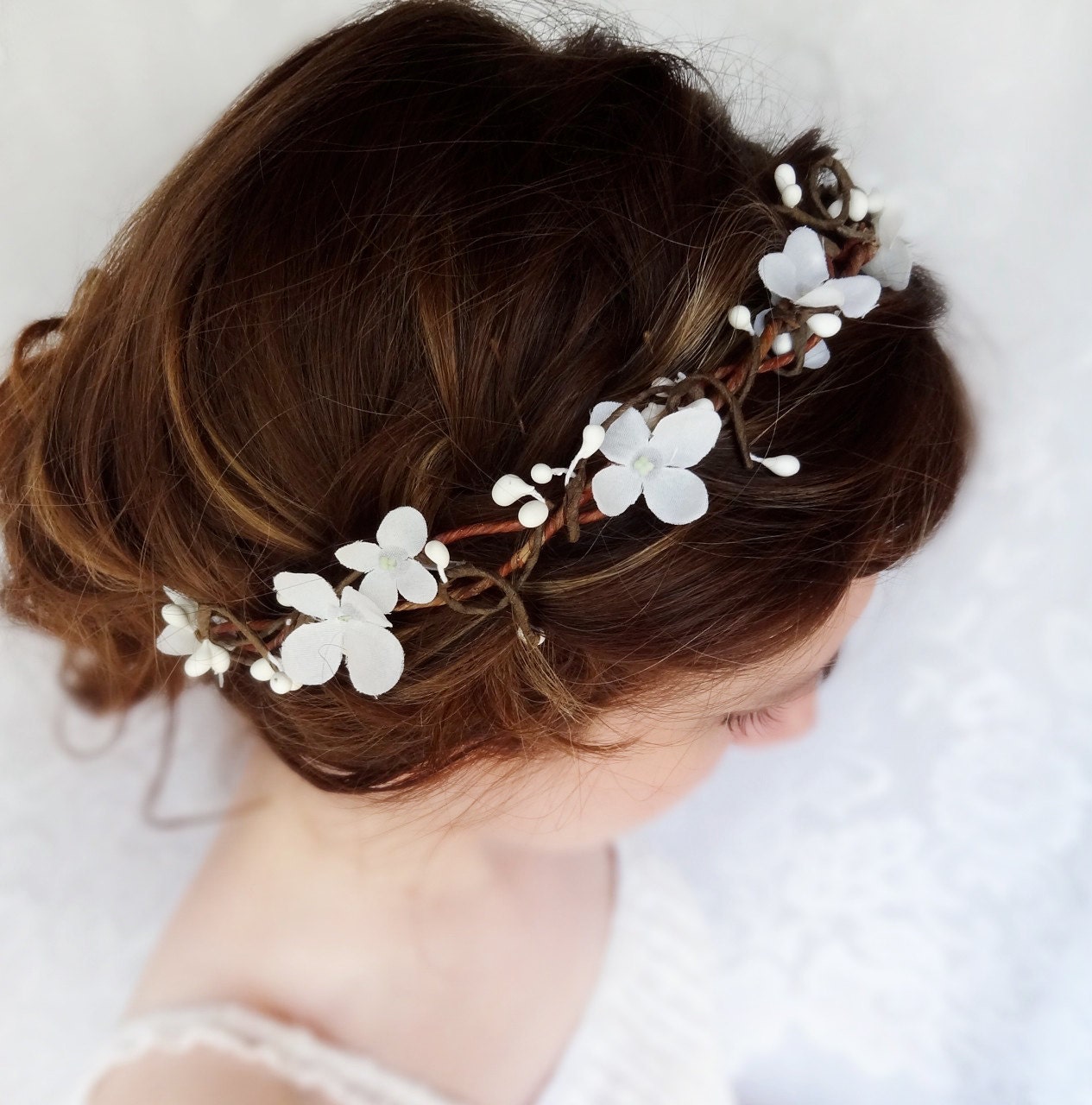 white flower hair garland flower girl circlet bridal hair