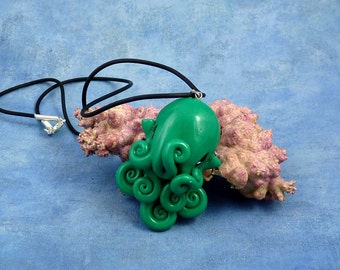 Jade Octopus Necklace, Blue Green Polymer Clay Cephalopod Jewelry