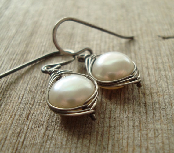 Wire Wrapped Freshwater Pearl Drop Earrings by shimmerjewels