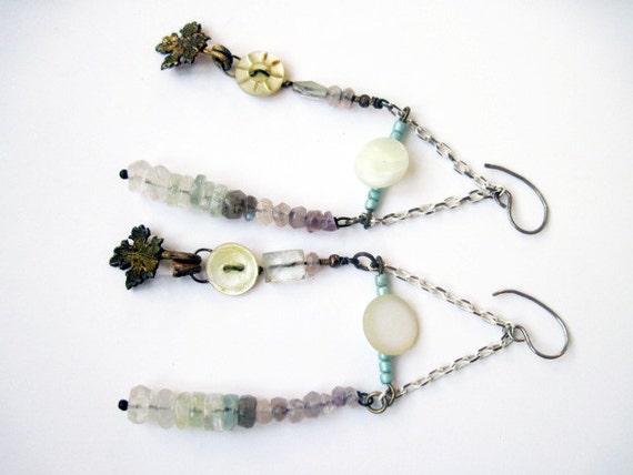 The Angel is Free. Antique Mop buttons and gemstone assemblage earrings.