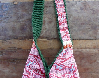 The Tokyo Bag: Reversible Wool hand knit and sewn cross body bag purse lined with vintage kimono and ties