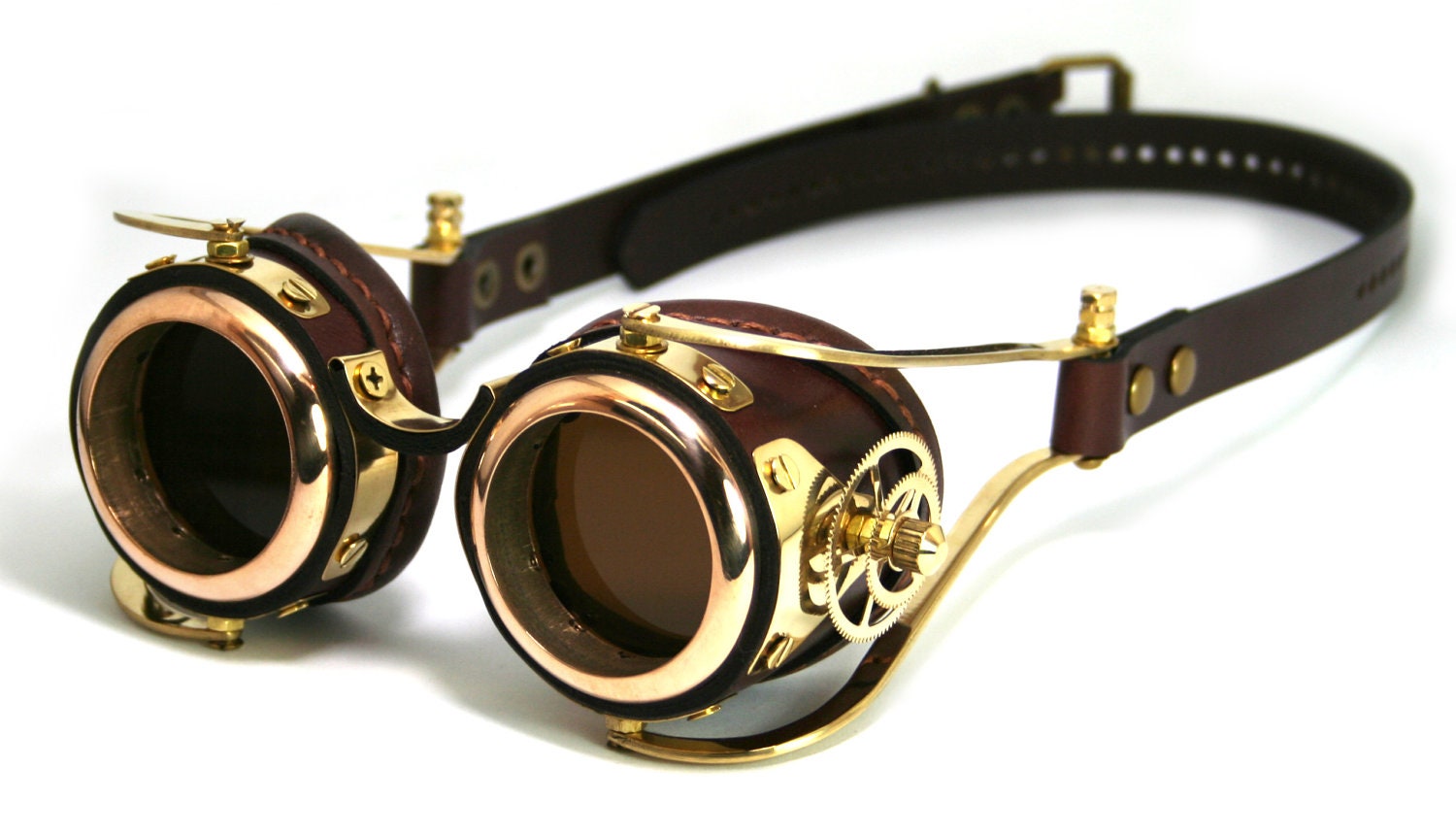 STEAMPUNK GOGGLES brown leather polished brass gear FLEX Solid Frames steampunk buy now online