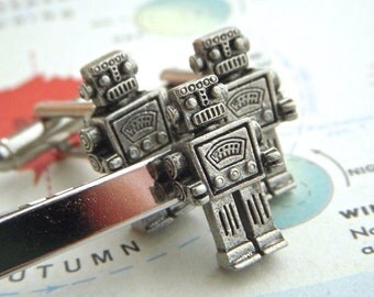Robot Cufflinks & Robot Tie Bar Men's Cufflinks Set 3 Silver Plated Men's Gifts Steampunk Cufflinks By Cosmic Firefly