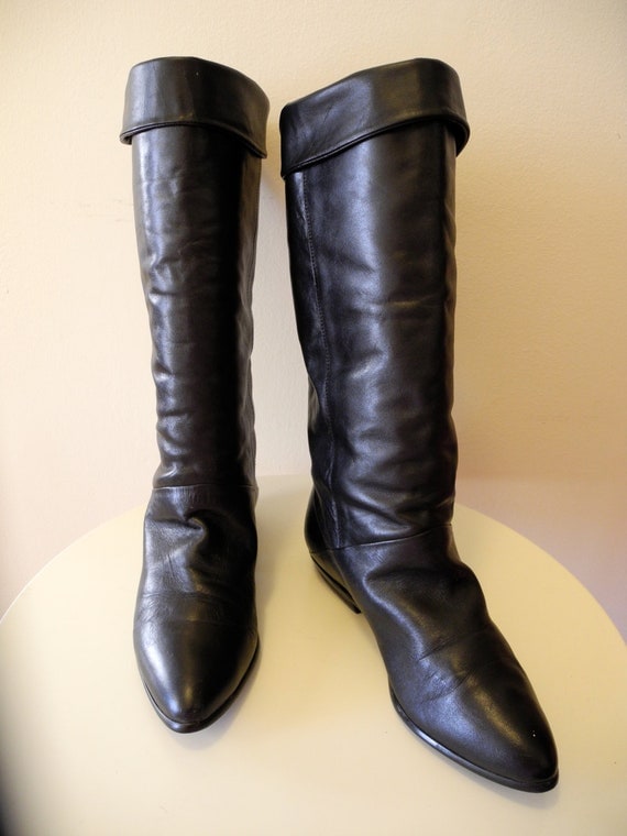 Black LEATHER tall 80s cuffed slouch boots sz. 8.5 by ReallyTruly
