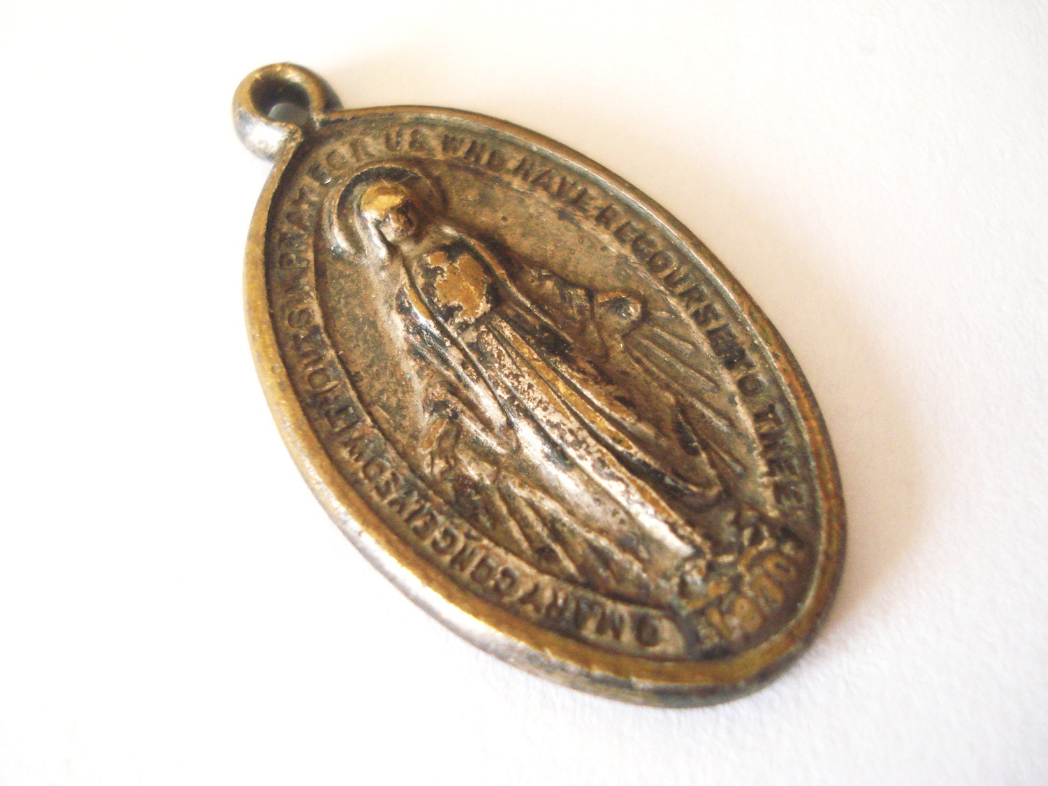Antique Brass Miraculous Medal Catholic Scapular Medal