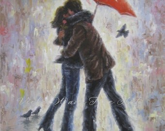 Kiss in the Rain Art Print, lovers, kissing, red umbrella, rain, couple, hugging, love art, romance, romantic, Valentine's Day art