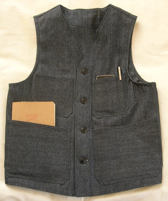 Indigo Canvas Chambray Work Vest Corozo buttons hand made in