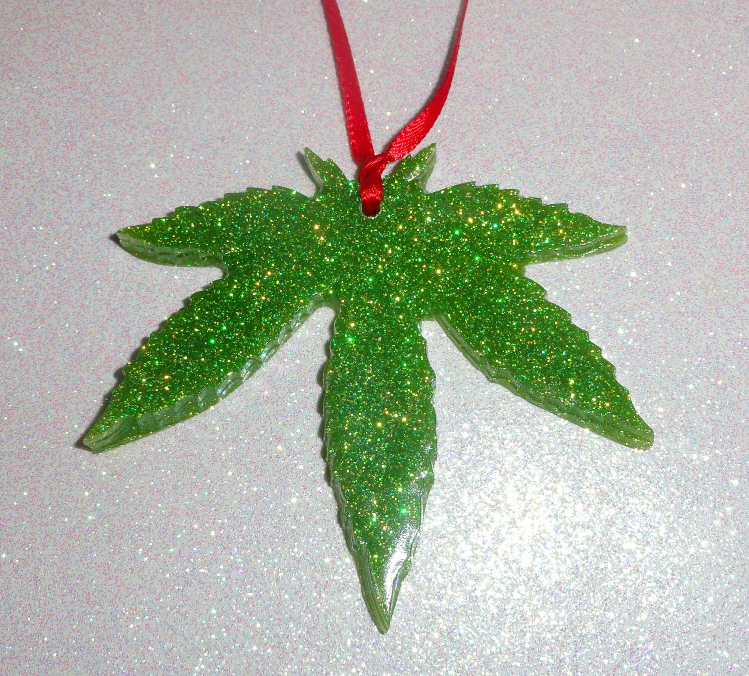 MARIJUANA LEAF Christmas Ornament Lime Green Glitter Resin