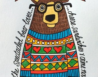 Spectacled Bear in Spring Jumper -- Hand Painted Limited Edition Gocco Print
