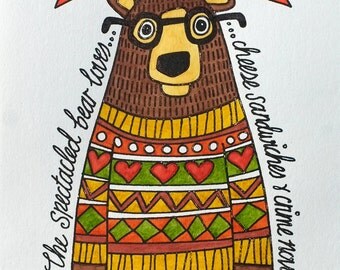 Spectacled Bear in Autumn Jumper -- Hand Painted Limited Edition Gocco Print
