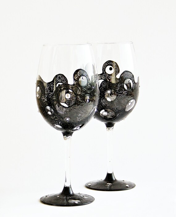 Wine Glasses Hand Painted Wine Glasses Black by NevenaArtGlass