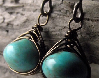 Items similar to Herringbone turquoise marble earrings, turquoise ...