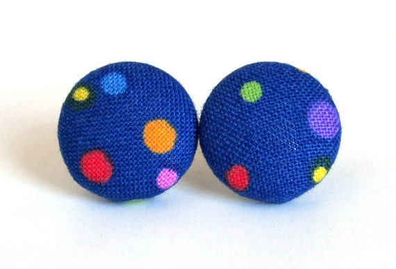 Button earrings stud blue green orange red pink by KooKooCraft