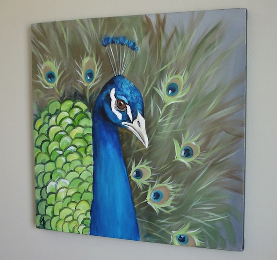 Peacock wall art painting colorful exotic bird art by BirdsinHand