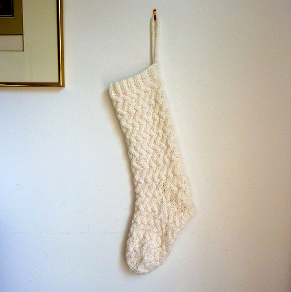 Hand Knit Cable Stitch Christmas Stocking in White