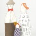Family - Ginger mother , Wearing hat Father and a little Red Head daughter Dressed in Black , White Orange Brown- fabric handmade dolls