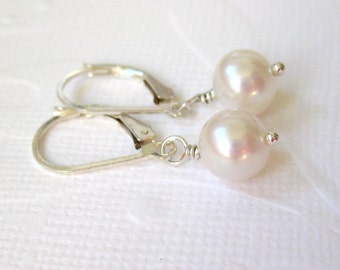 White pearl earrings, Freshwater pearl earrings, Sterling silver earrings, Bridesmaid gift, Classic pearl handmade jewelry, Wedding jewelry